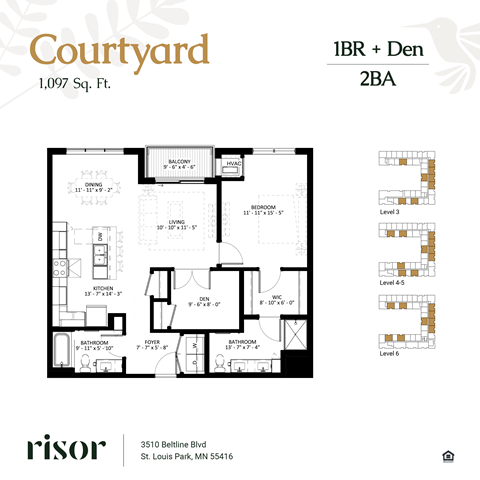 Floor plan for 1 bed, 2 baths, 1088 sqft